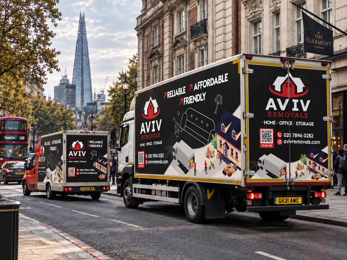 Two Aviv Removals vans on a central London street