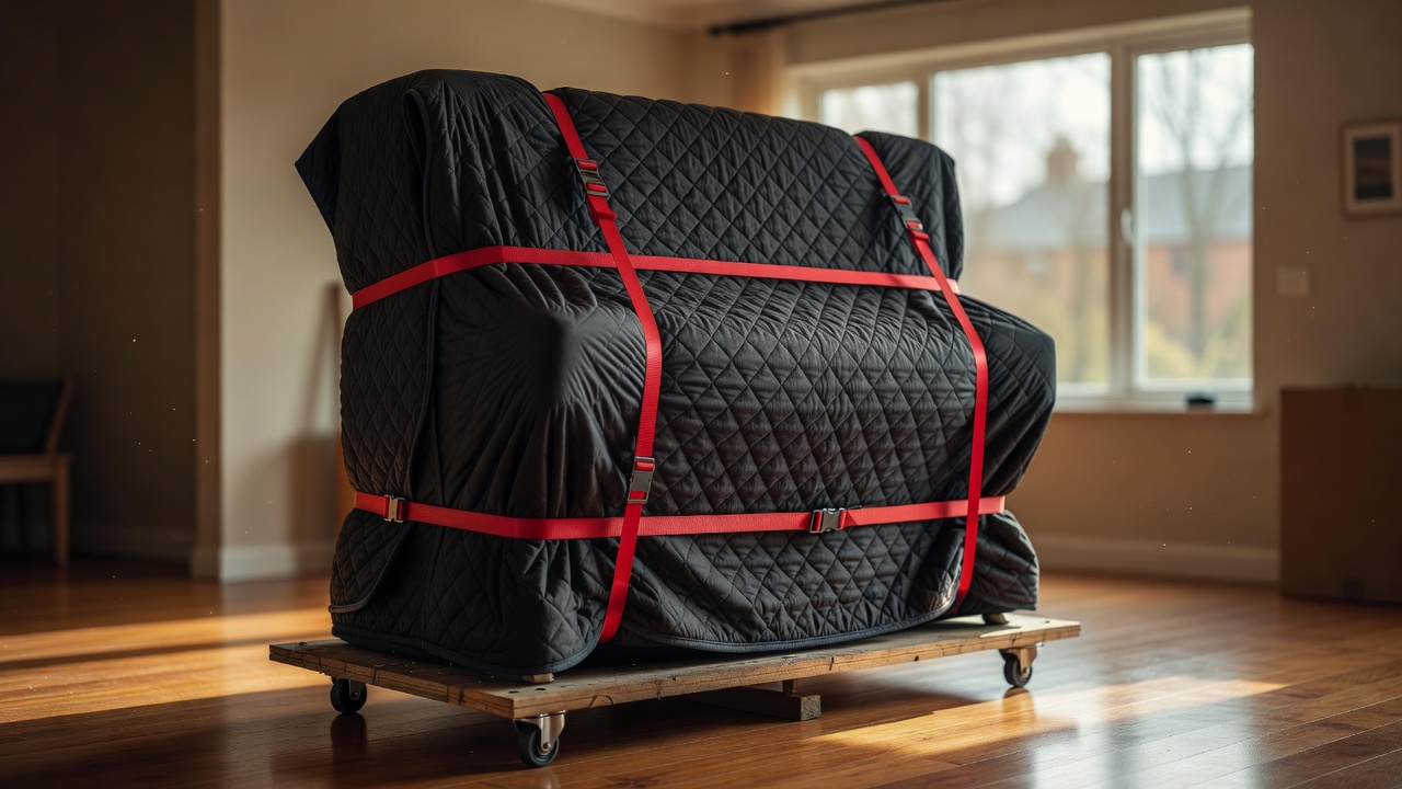 Upright piano wrapped in a quilted cover, strapped to a skateboard dolly
